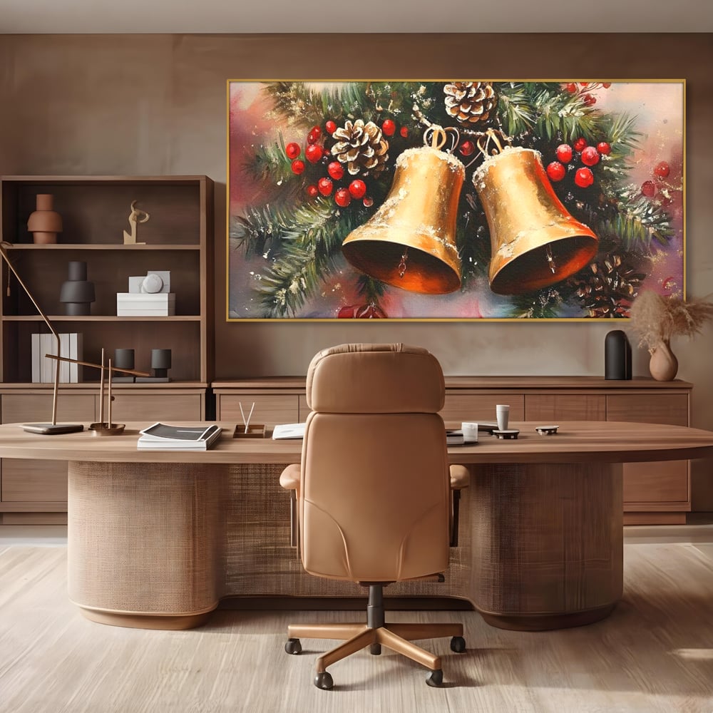 Tablou canvas cu tablou canvas cu clopotei aurii si conuri, in rama de aluminiu auriu, pe perete intr-un birou